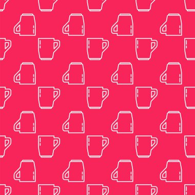 Beyaz çizgi kahve bardağı ikonu kırmızı arka planda pürüzsüz desen izole etti. Çay fincanı. Sıcak içecek kahvesi. Vektör.