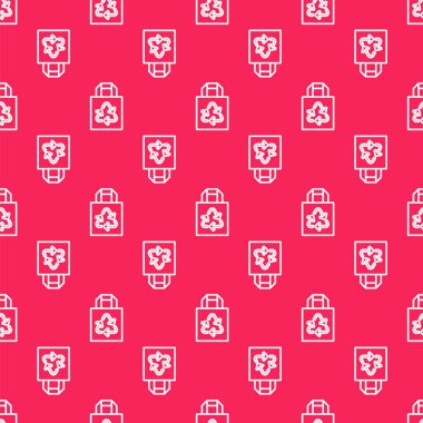 Geri dönüşüm simgesine sahip beyaz çizgi kağıt alışveriş torbası kırmızı arka planda izole edilmiş pürüzsüz desen. Geri dönüşüm sembollü çanta. Vektör.