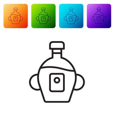 Beyaz arka planda siyah çizgi akçaağaç şurubu ikonu izole edilmiş. Renkli kare düğmelerle simgeleri ayarla. Vektör.