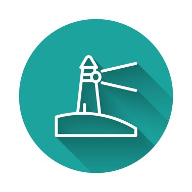 Beyaz çizgi deniz feneri ikonu uzun gölgeli izole edilmiş. Yeşil daire düğmesi. Vektör.