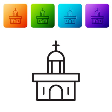 Siyah çizgi kilise binası ikonu beyaz arka planda izole edilmiş. Hıristiyan Kilisesi. Kilisenin dini. Renkli kare düğmelerle simgeleri ayarla. Vektör.