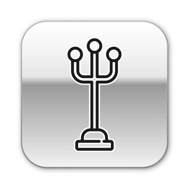 Siyah çizgi kürk standı simgesi beyaz arkaplanda izole edildi. Gümüş kare düğme. Vektör.