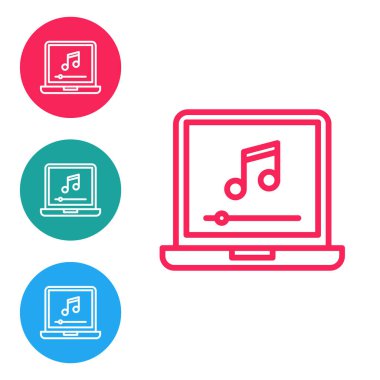 Ekran simgesinde nota sembolü olan kırmızı çizgi dizüstü bilgisayar beyaz arkaplanda izole edildi. Simgeleri daire düğmelerine ayır. Vektör.