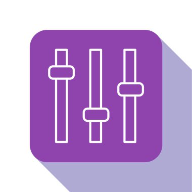 Beyaz çizgi Müzik eşitleyici simgesi beyaz arkaplanda izole edildi. Ses dalgası. Ses dijital dengeleyici teknolojisi, konsol paneli, nabız müzikali. Mor kare düğme. Vektör.