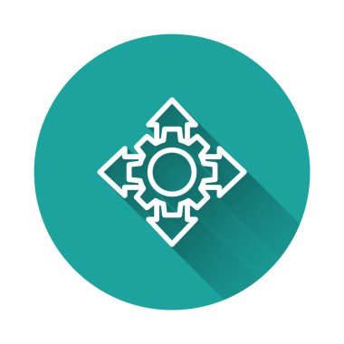 Beyaz çizgi Proje ekibi üs simgesi uzun gölgeli izole edildi. İş analizi ve planlama, danışmanlık, takım çalışması, proje yönetimi. Yeşil daire düğmesi. Vektör.