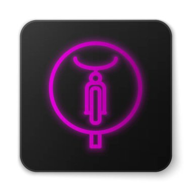 Parlayan neon çizgisi bisiklet simgesi beyaz arkaplanda izole edildi. Bisiklet yarışı. Olağanüstü bir spor. Spor malzemeleri. Siyah kare düğme. Vektör.