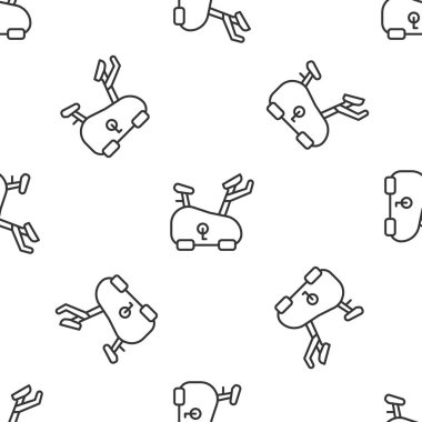 Gri çizgi sabit bisiklet ikonu beyaz arka planda izole edilmiş kusursuz desen. Egzersiz bisikleti. Vektör.