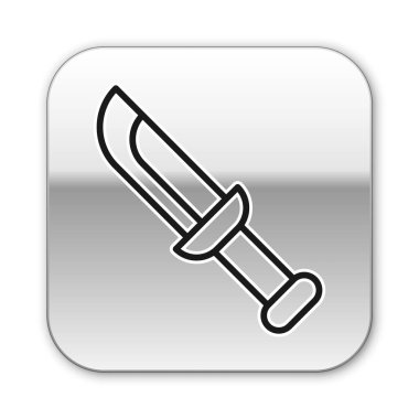 Beyaz arka planda siyah çizgili askeri bıçak ikonu var. Gümüş kare düğme. Vektör.