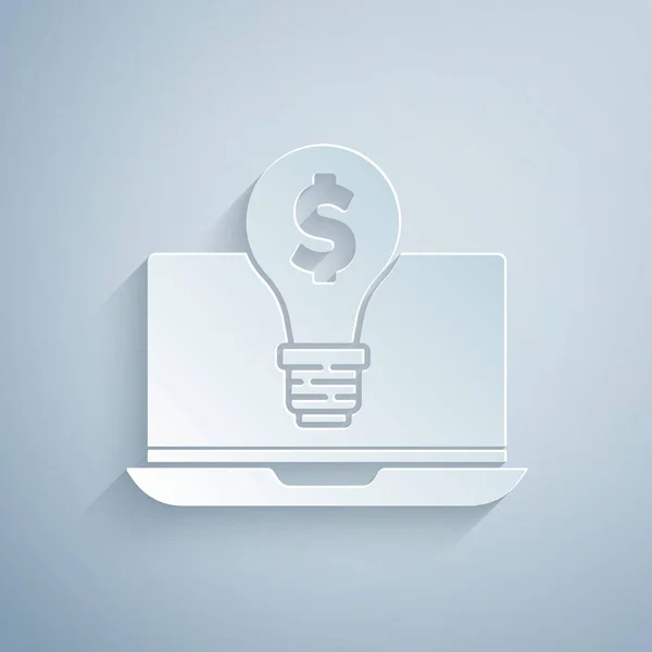 Řez Papíru Žárovka Business Dolarem Obrazovce Notebooku Ikona Izolované Šedém — Stockový vektor