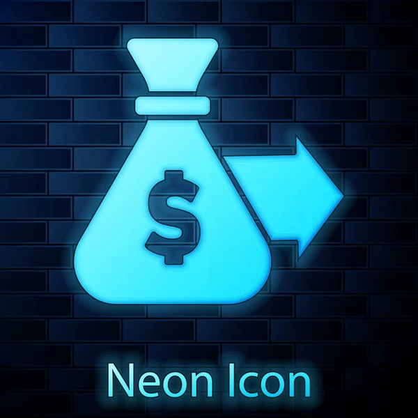 Leuchtende Neon Geldsacksymbol Isoliert Auf Backsteinwand Hintergrund Dollar Oder Usd — Stockvektor