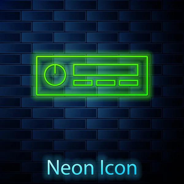 Leuchtende Neon Line Car Audio Symbol Isoliert Auf Backsteinwand Hintergrund — Stockvektor