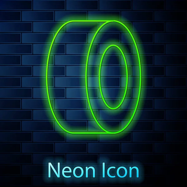 Glowing Neon Line Car Tire Icon Isolated Brick Wall Background — Stock Vector