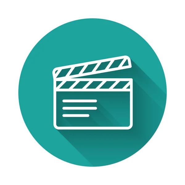 Witte Lijn Movie Clapper Icoon Geïsoleerd Met Lange Schaduw Filmklapbord — Stockvector