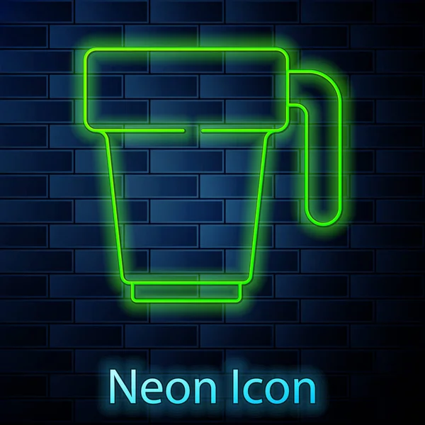 Glowing Neon Line Coffee Cup Icon Isolated Brick Wall Background — Stock Vector