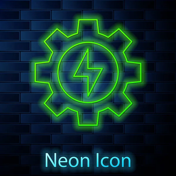 Glowing Neon Line Gear Lightning Icon Isolated Brick Wall Background - Stok Vektor