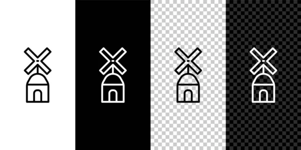 Set Line Windrad Symbol Isoliert Auf Schwarzem Und Weißem Hintergrund — Stockvektor