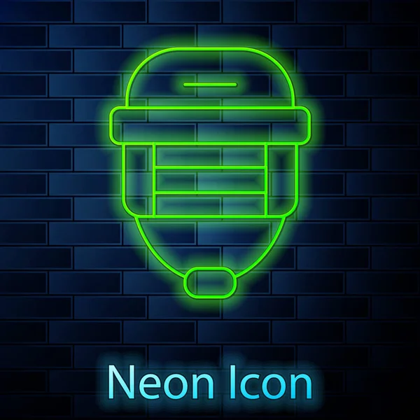 Glowing Neon Line Hockey Helmet Icon Isolated Brick Wall Background — Stock Vector