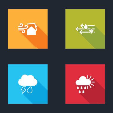 Tornado girdabını, rüzgarı ve yağmuru karla, yıldırımı ve bulutlu güneş ikonunu ayarla. Vektör.