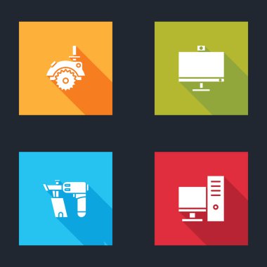 Elektrikli testere, bilgisayar monitörü, çivi tabancası ve simgeyi ayarla. Vektör.