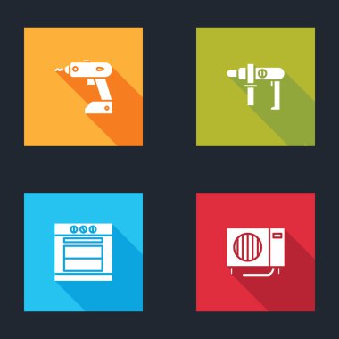 Elektrik kablosuz tornavida, matkap makinesi, fırın ve klima simgesini ayarla. Vektör.