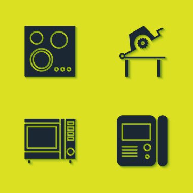 Gaz sobası, ev telsiz sistemi, mikrodalga fırın ve masa testeresini ahşap ikonu için ayarla. Vektör.