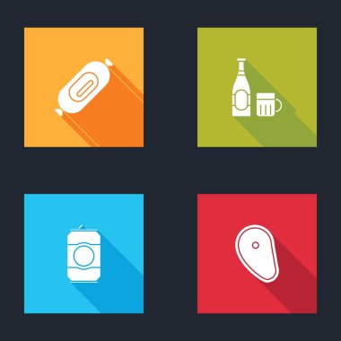 Salam sosisi, bira şişesi ve cam, konserve ve biftek et ikonu. Vektör.