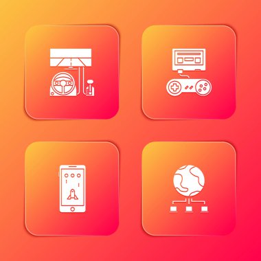 Yarış simülatörü kokpitini, oyun konsolunu joystick, mobil ve oyun ve bilgisayar ağı simgesiyle ayarla. Vektör.