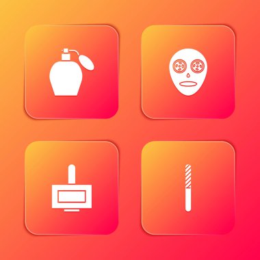 Parfüm, yüz maskesi, tırnak cilası şişesi ve dosya simgesi. Vektör.