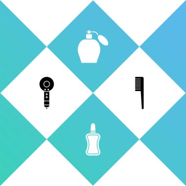 Saç kurutma makinesi, tırnak cilası şişesi, parfüm ve saç fırçası ikonu. Vektör.