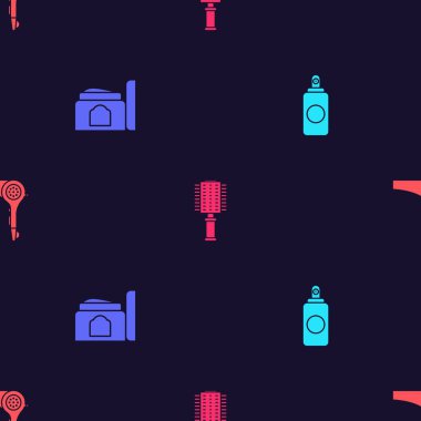 Sprey kutusunu, krem kozmetik tüpünü, saç fırçasını ve kurutucuyu kusursuz desene ayarlayın. Vektör.