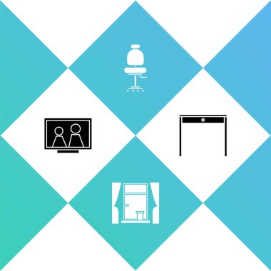 Resim çerçevesini masaya, pencereyi perdeli, ofis sandalyesini ve ahşap simgeyi ayarlayın. Vektör.