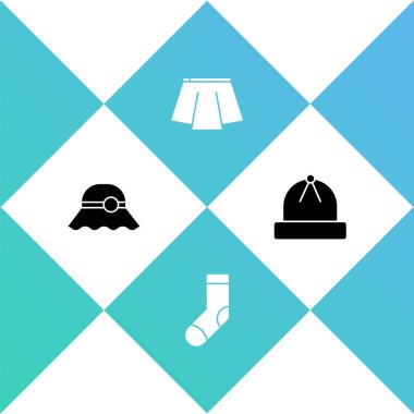 Şık kadın şapkası, çorap, etek ve kış ikonu. Vektör.