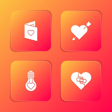 Sevgililer Günü broşürünü kalp, aşk ve ok, kalp şeklinde ampul ve kırık ikon ile ayarla. Vektör.