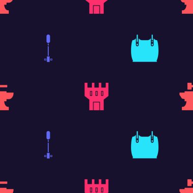 Çelik yelek, meşale alevi, kale kulesi ve demirci çekici için dikişsiz şablon. Vektör.