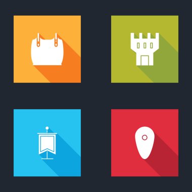 Vücut zırhı, Kale Kulesi, Ortaçağ bayrağı ve Kalkan simgesi. Vektör.