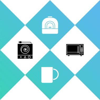 Elektrikli soba, kahve fincanı, fırın ve mikrodalga fırın ikonu. Vektör.