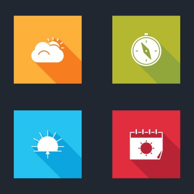 Güneş ve bulut, Pusula, Gündoğumu ve Takvim güneş ikonu. Vektör.