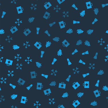 İlk yardım çantası, el feneri, ağaç ve çapraz okları pürüzsüz desenlere ayarlayın. Vektör.