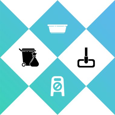 Çöp tenekesi ve çöp torbası, ıslak yer temizliği, plastik leğen ve paspas simgesi. Vektör.