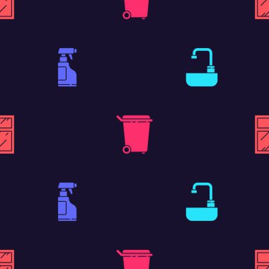 Lavaboyu su musluğu, sprey deterjan, çöp tenekesi ve temizleme servisi ile kusursuz bir şekilde ayarla. Vektör.