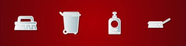 Temizlik için fırçayı, çöp tenekesini, el dezenfektanı şişesini ve ikonu hazırla. Vektör.