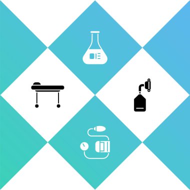 Sedye, kan basıncı, test tüpü, matara ve tıbbi oksijen maskesi ikonunu hazırlayın. Vektör.