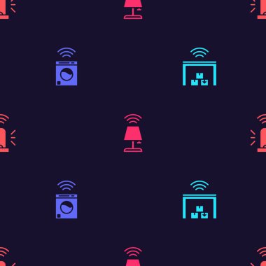 Akıllı depo, çamaşır makinesi, masa lambası ve teşhirci sirenini kusursuz şekilde ayarla. Vektör.