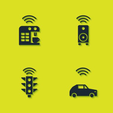 Smart kahve makinesi, kablosuz araba sistemi, trafik ışığı ve stereo hoparlör ikonu. Vektör.