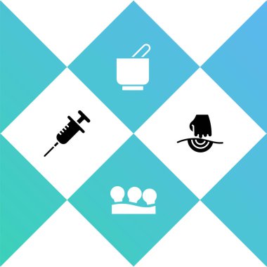 Şırınga, elektrikli süpürge, havan topu, tokmak ve masaj ikonu hazırlayın. Vektör.