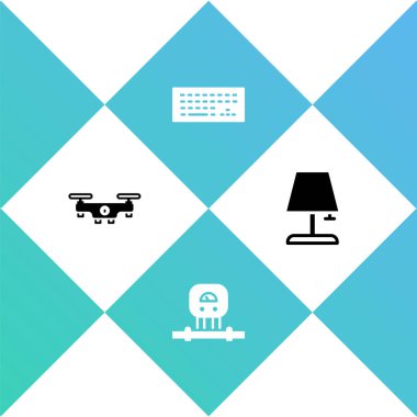 Drone 'u uçur, Smart sensörü, Klavye ve Masa lambası simgesini ayarla. Vektör.
