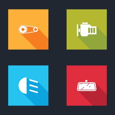 Zamanlama kemer kitini, motoru, yüksek kirişi ve araba ayna simgesini ayarla. Vektör.