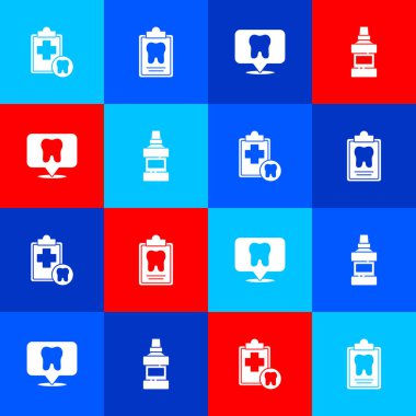 Diş kartı, klinik konumu ve gargara şişesi simgesini ayarla. Vektör.