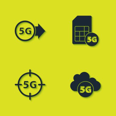 5G ağını, Bulut 'u ve Sim Card simgesini ayarla. Vektör.