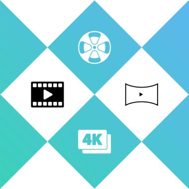 Play Video, 4k Ultra HD, Film makarası ve Online oyun video simgesi. Vektör.
